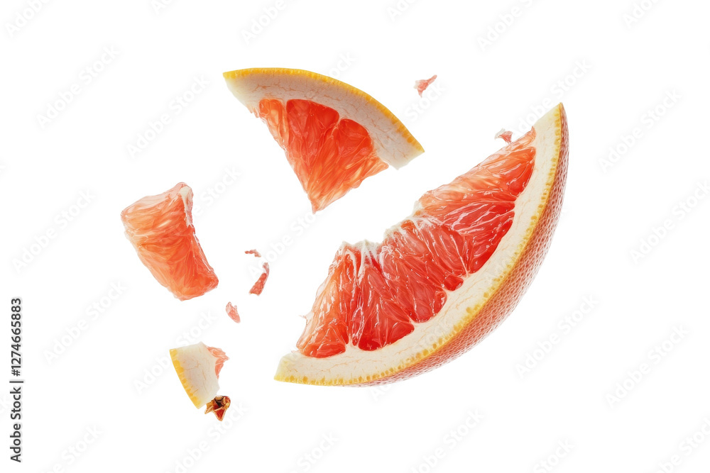 Vibrant grapefruit segments float gracefully mid-air, shattering into fragments isolated on transparent background