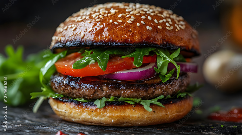 Gourmet Burger Close-up: A mouthwatering close-up showcases a perfectly crafted gourmet burger, overflowing with fresh ingredients on a sesame bun. Gourmet Burger Close-up: A mouthwatering close-up showcases a perfectly crafted gourmet burger, overflowing with fresh ingredients on a sesame bun.