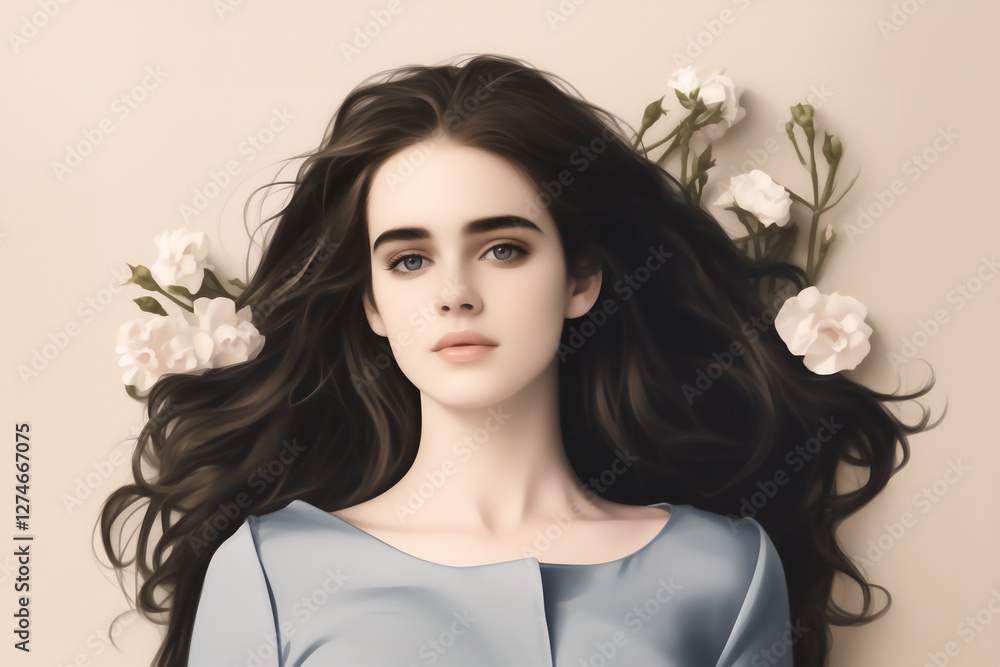 Fototapeta premium Young woman with serene beauty, blue eyes, long, flowing dark hair, in a dreamy and elegant atmosphere, digitally painted portrait for a Spring illustration, Wallpaper