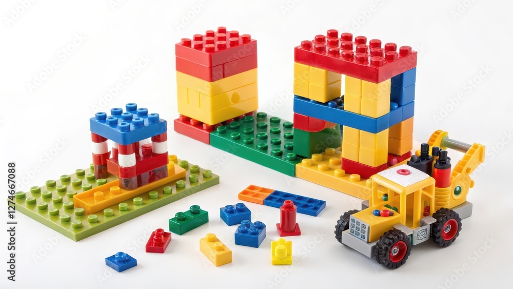 Fototapeta premium Colorful Plastic Construction Blocks on White Background
