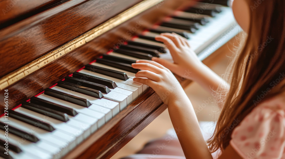Fototapeta premium Close-Up of Young Caucasian Girl s Delicate Fingers Playing Piano Keys Indoors. Concept of Musical Talent, Childhood Creativity, Piano Education, Artistic Expression