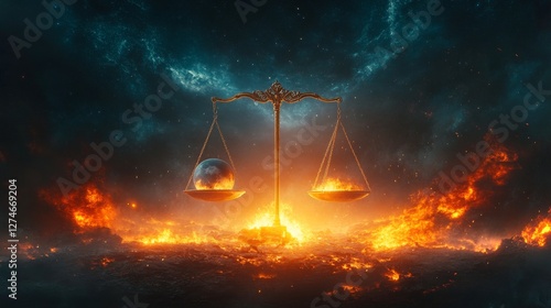 Colossal golden balance scale holds Earth amidst fiery chaos and cosmic backdrop