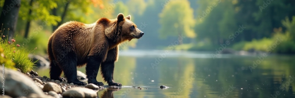 Obraz premium Brown bear standing on riverbank, animal, nature, water