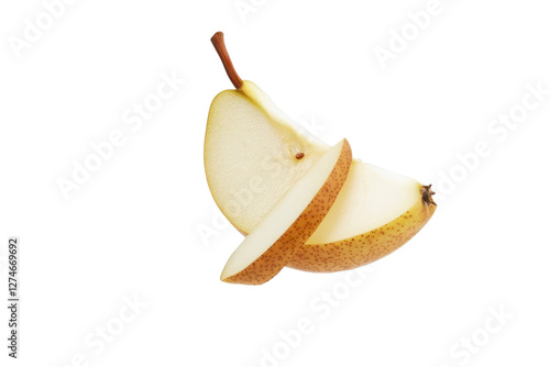 Floating slices of a pear create an artistic display against a bright white backdrop isolated on transparent background