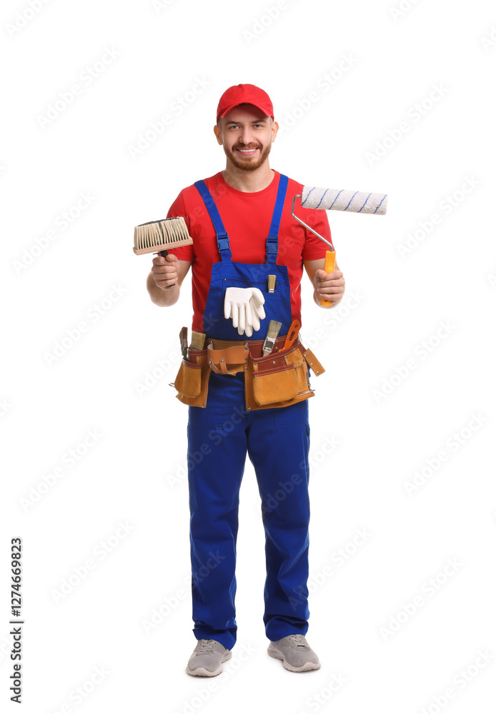 Professional painter with tools on white background Professional painter with tools on white background