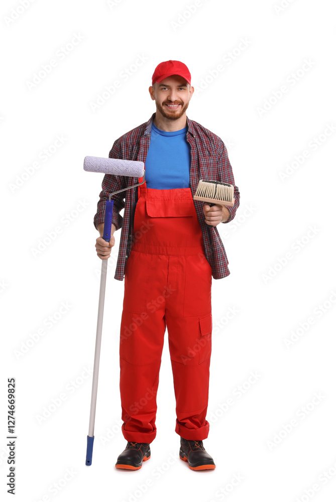 Professional painter with tools on white background Professional painter with tools on white background