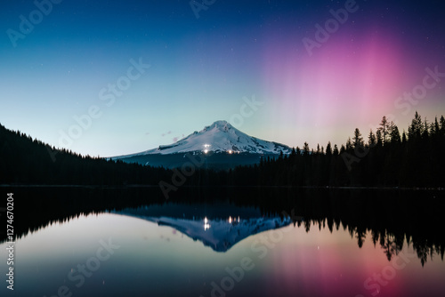 Northern lights behind pacific northwest mountain 