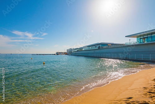 Port Olímpic Marina in Barcelona on a sunny day, featuring luxury yachts, clear blue skies, and a vibrant waterfront atmosphere along the Mediterranean coast.