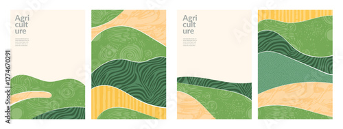 Sustainable farm landscape abstract vector illustration. Green background, agriculture, nature, organic field. Ecology collage design, business template, flyer and vertical poster. Eco brochure cover