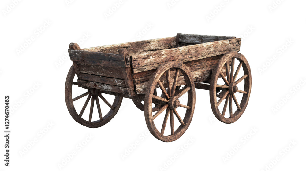 Fototapeta premium Old wooden cart with wheels isolated on transparent background, perfect for photo editing and compositing