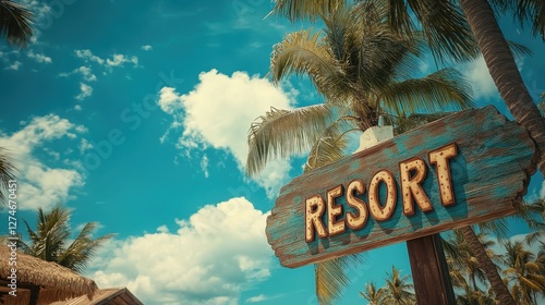 A scenic tropical beach resort with palm trees under a vibrant blue sky comfortably inviting relaxation and leisure in a coastal paradise