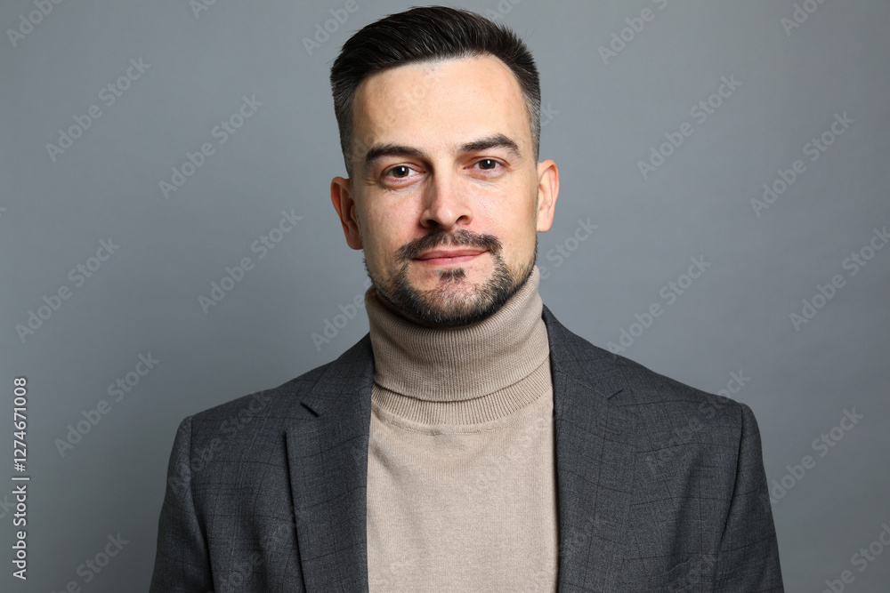 Obraz premium Portrait of handsome middle aged man on grey background