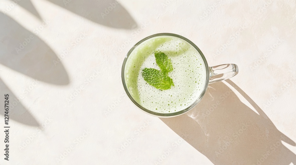 Fresh hot tea from green mint leaves in glass mug on beige background. Herbal healthy drink in cup Fresh hot tea from green mint leaves in glass mug on beige background. Herbal healthy drink in cup