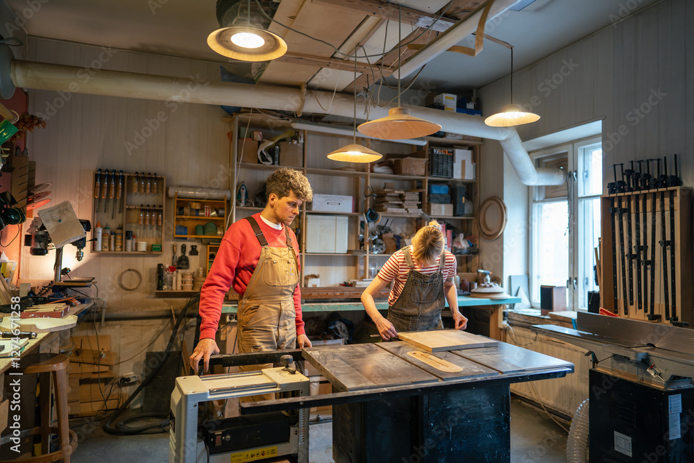 Fototapeta premium Handyman overseeing novice woman joiner working on circular saw in woodworking workshop, ready to assist and guide. Collaboration for learning in carpentry, manual labor, board repair and cutting
