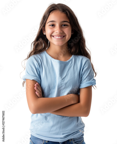 Little kid girl 12,13, 14 years old on transparent background. Children studio portrait. Emotional kids face. Happy teenager, positive and smiling emotions of teen girl