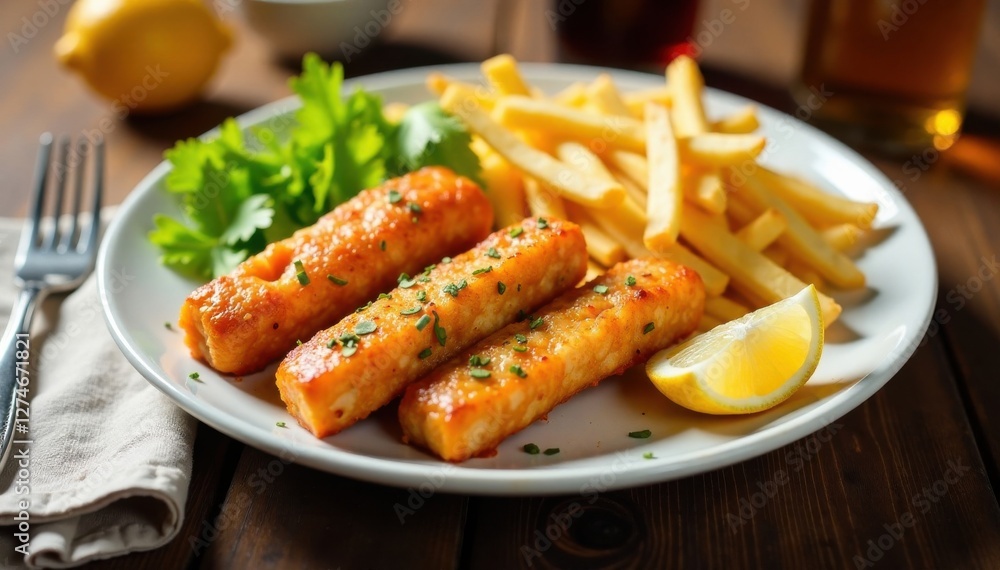 Catchy seafood plate icon with fish sticks and fries, plate, fish, seafood Catchy seafood plate icon with fish sticks and fries, plate, fish, seafood