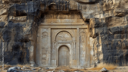 The Monastery (Ad-Deir)âs massive stone doorway, showing its detailed faÃ§ade against the rugged cliffs photo