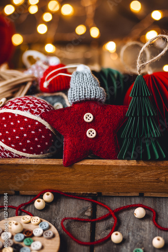 Christmas zero waste eco friendly home holiday festive decor, wooden box handmade toys with recycled or natural materials. Cozy atmosphere, ecological concept, sustainable Xmas celebration photo