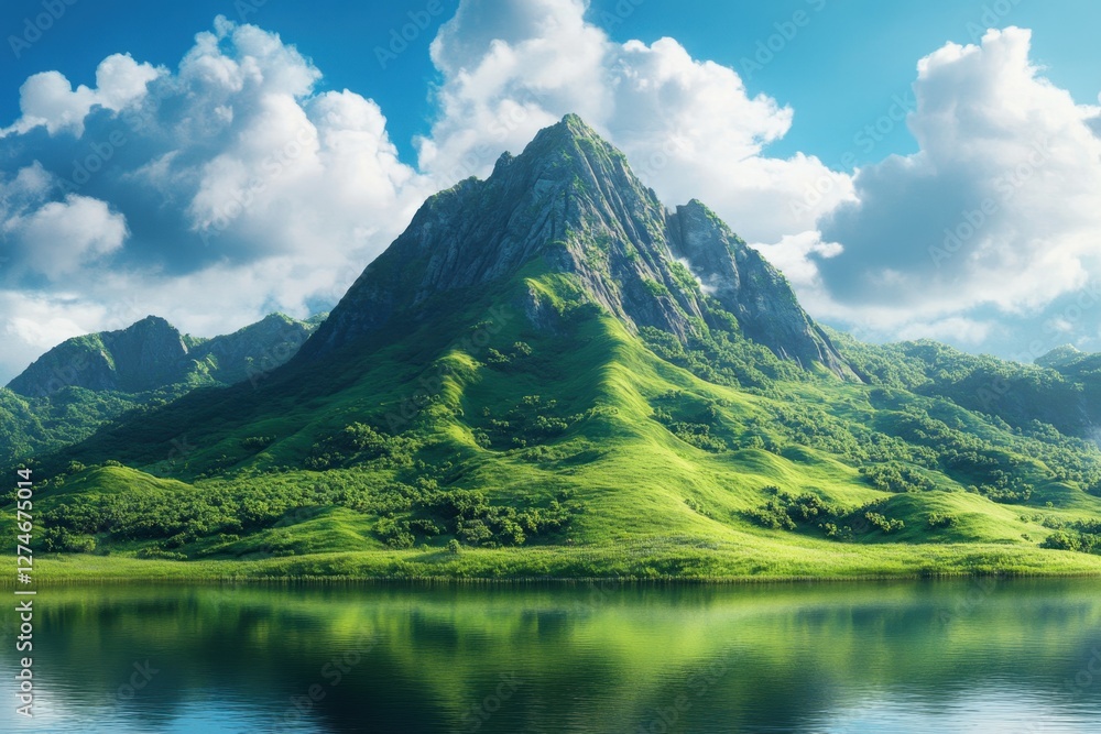 Majestic mountain rises over tranquil lake surrounded by lush greenery on a sunny day Majestic mountain rises over tranquil lake surrounded by lush greenery on a sunny day