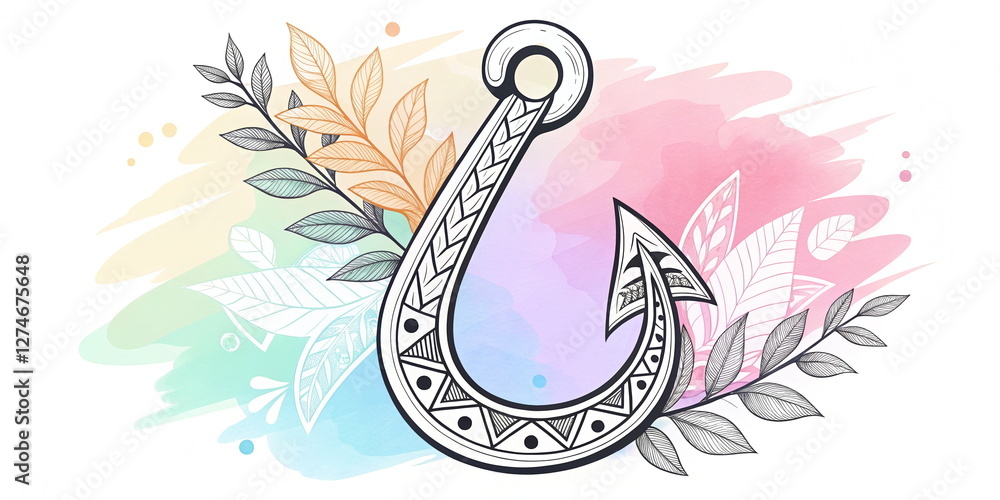 Naklejka premium Geometric Fish Hook Tattoo Design with Tribal Patterns and Pastel Watercolor Floral Background