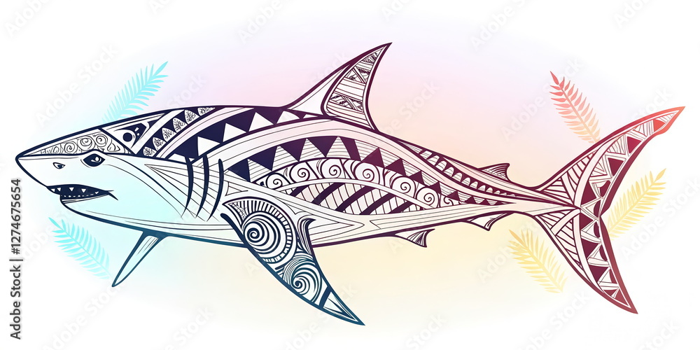 Obraz premium Geometric Shark Tattoo Design with Tribal Patterns and Colorful Feather Accents