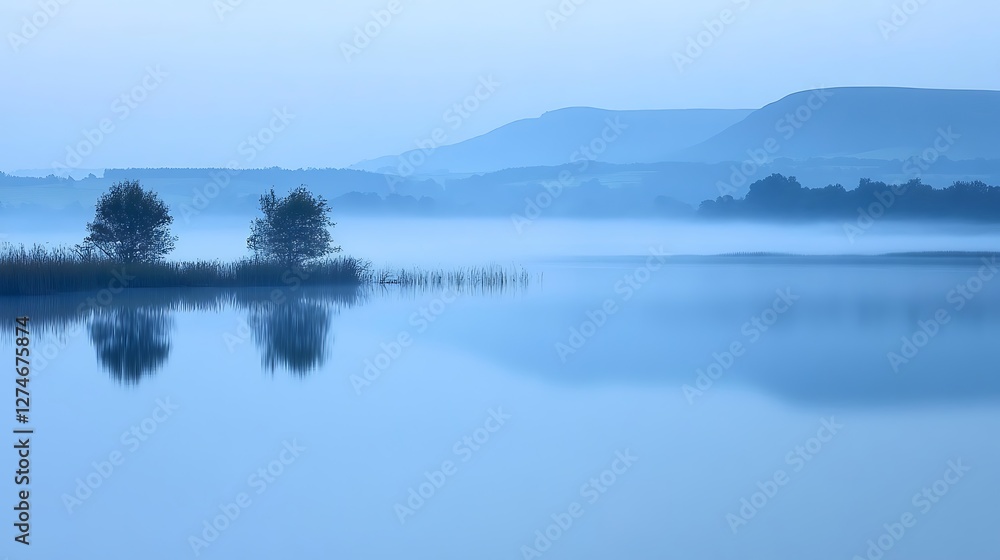 Fototapeta premium Serene Misty Lake Landscape With Distant Hills