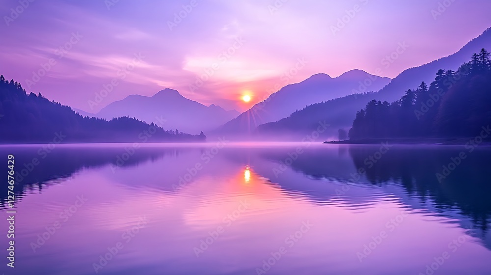 Fototapeta premium Serene Sunrise Over Misty Mountain Lake