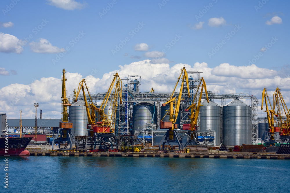 Cranes and silos are actively being constructed at a busy shipping port as ships await their cargo under a sunny sky Cranes and silos are actively being constructed at a busy shipping port as ships await their cargo under a sunny sky