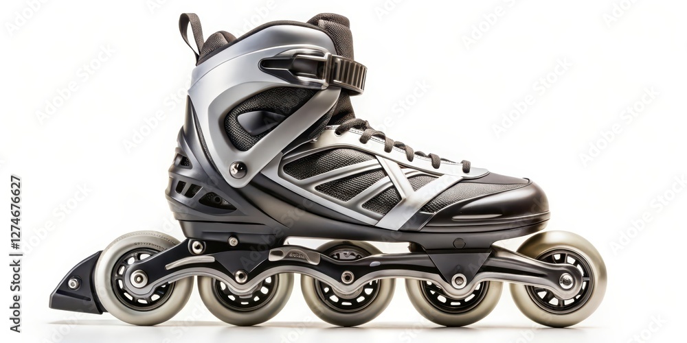 Inline Skate, Rollerblade, Black Silver, White Background Inline Skate, Rollerblade, Black Silver, White Background