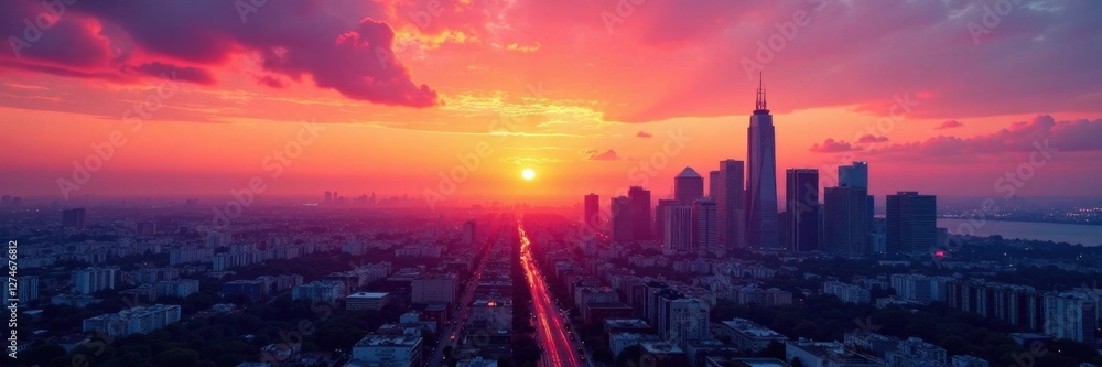 Fototapeta premium Cityscape at sunset with gradient texture of buildings and sky, architecture, cityscape, nighttime