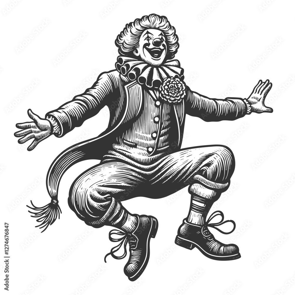 Fototapeta premium clown in mid-jump, wearing a classic costume with ruffles, buttons, and exaggerated shoes sketch engraving generative ai vector illustration. Scratch board imitation. Black and white image.