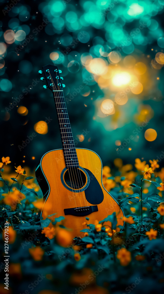 Naklejka premium A guitar sitting in a field of flowers
