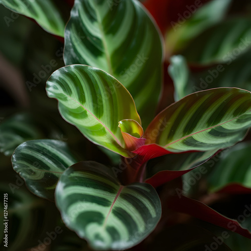 Macro photography of calathea jungle velvet leaves with deep green and red shades tropical plant texture photo