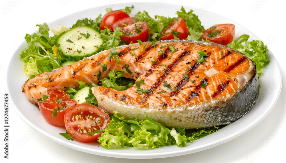 Grilled salmon fish fillet and fresh vegetable salad. Healthy keto food - green salad and roasted salmon steak on white background, top view, copy space. Barbecue meal Grilled salmon fish fillet and fresh vegetable salad. Healthy keto food - green salad and roasted salmon steak on white background, top view, copy space. Barbecue meal