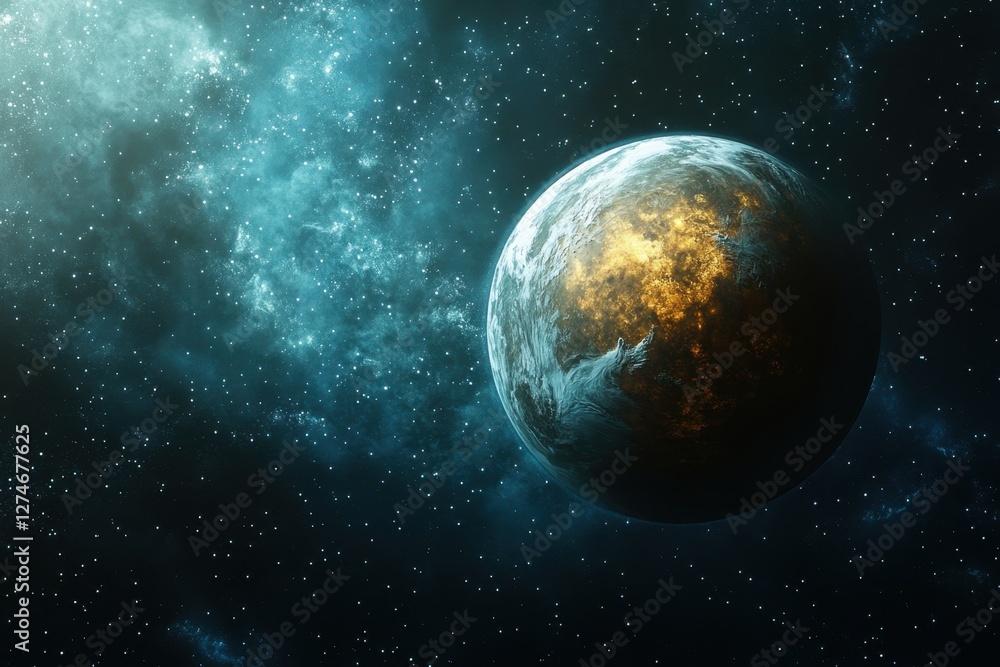 Obraz premium Vibrant cosmic planet illuminated by distant stars in the depths of space