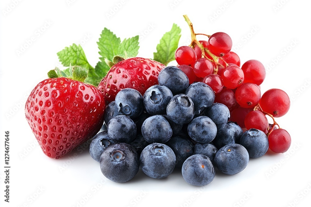 Fresh berries on a white background. Strawberry, blueberry, currant. Healthy lifestyle and nutrition. Fresh berries on a white background. Strawberry, blueberry, currant. Healthy lifestyle and nutrition.
