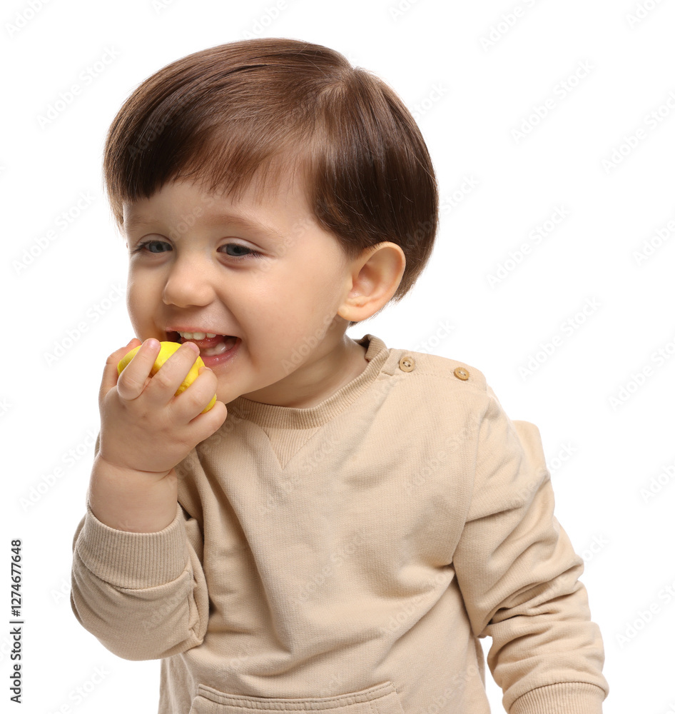 Cute little child eating tasty mochi on white background Cute little child eating tasty mochi on white background