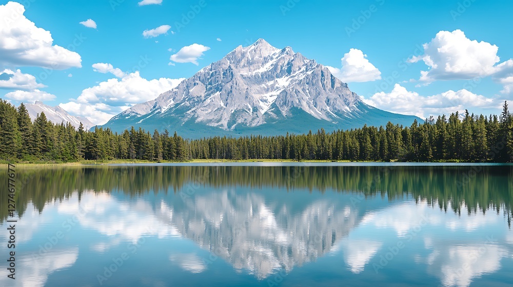 Naklejka premium Majestic Mountain Reflected In Calm Lake Water