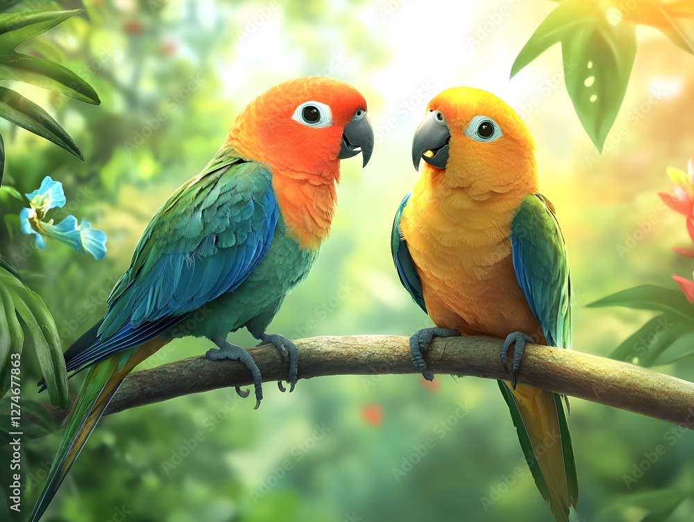 Obraz premium A pair of parakeets on a branch in the jungle