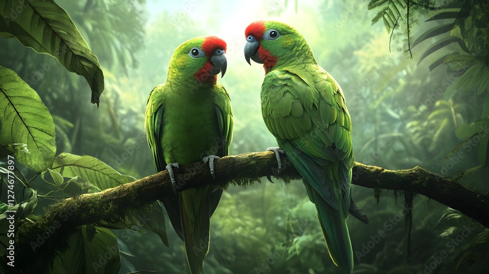 Obraz premium A pair of parakeets on a branch in the jungle