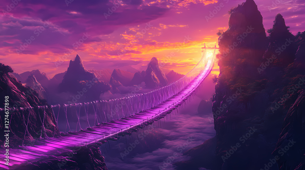 Fototapeta premium Glowing bridge connects. Otherworldly Light Bridges. Illustration