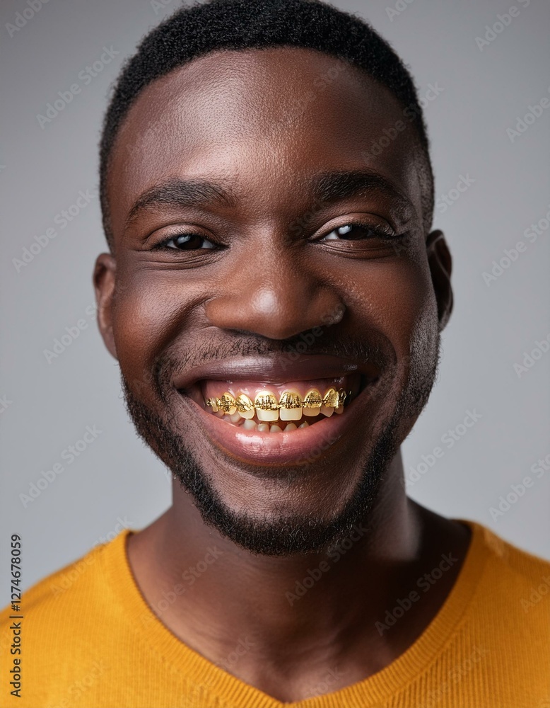 Close-up portrait of a smiling young man wearing a golden orthodontic braces. Close-up portrait of a smiling young man wearing a golden orthodontic braces.