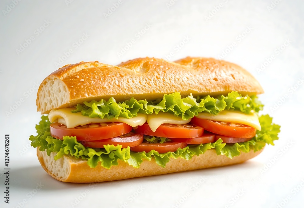 A fresh baguette sandwich filled with crisp lettuce, ripe tomatoes, and melted cheese on a white background. A fresh baguette sandwich filled with crisp lettuce, ripe tomatoes, and melted cheese on a white background.