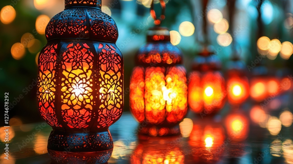 Fototapeta premium Illuminated lanterns at night, festive outdoor setting, warm glow, bokeh background; ideal for holidays