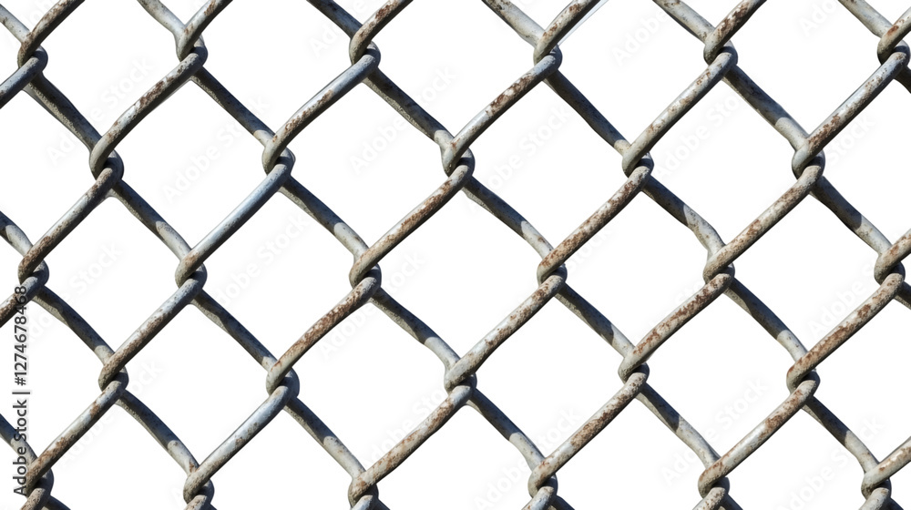 Fototapeta premium Rusty chain link fence pattern creating visual barrier, symbolizing security, protection, barrier concept on transparent backdrop
