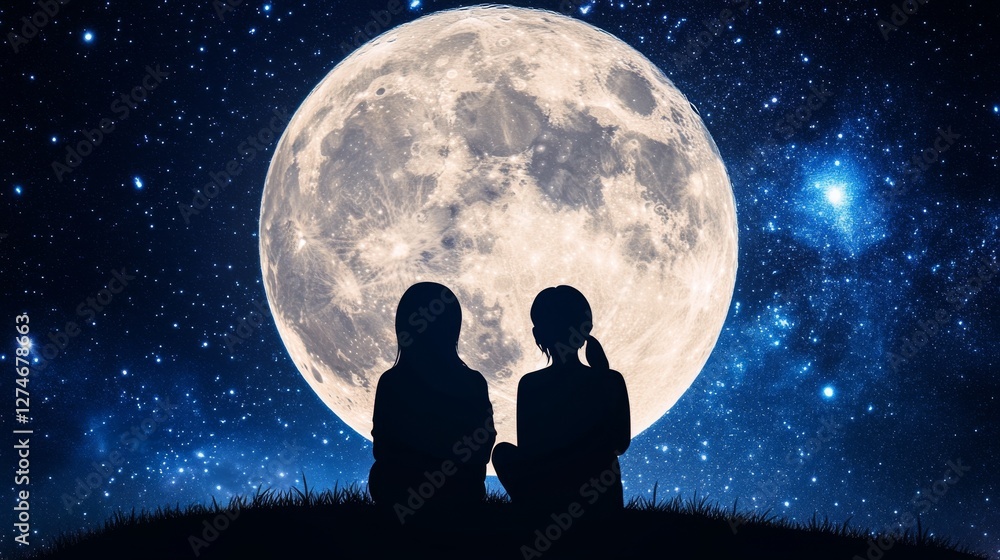 Two silhouettes watching a large moon in the night above an Earth blanketed by clouds Two silhouettes watching a large moon in the night above an Earth blanketed by clouds