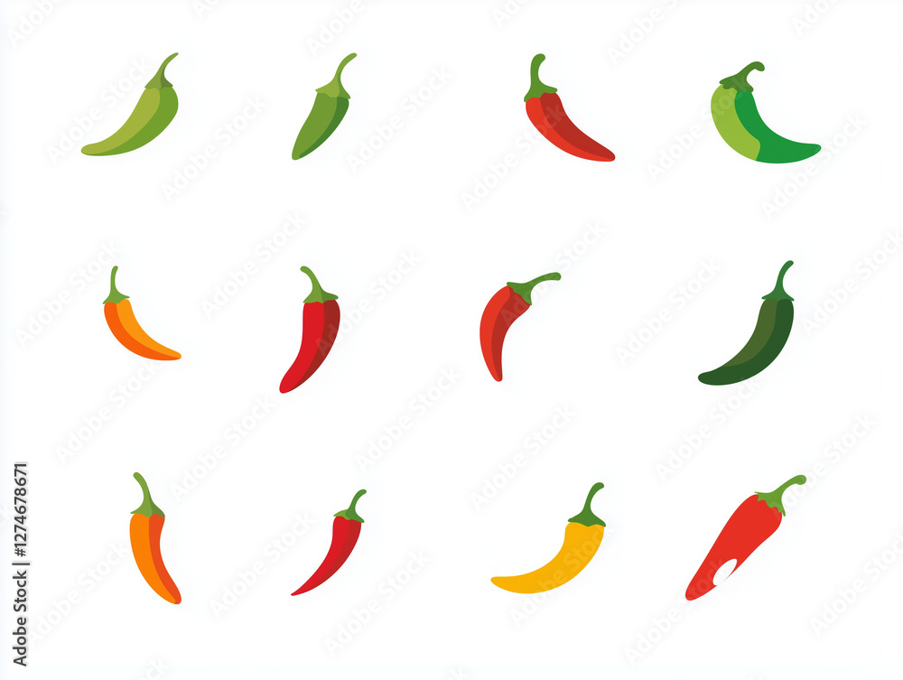 Icônes de piments en flat design sur fond blanc Icônes de piments en flat design sur fond blanc