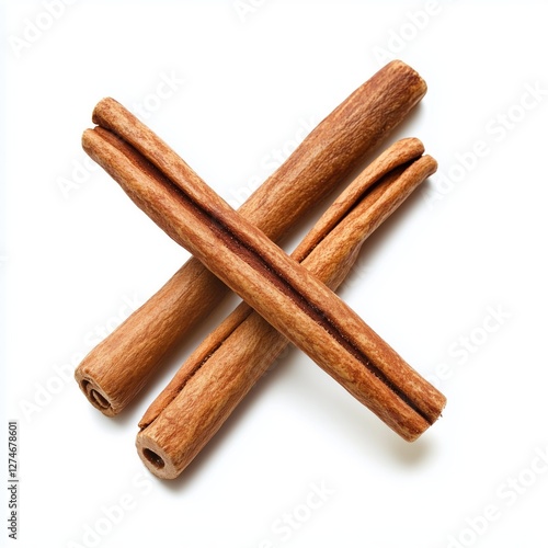 Three cinnamon sticks crossed on white background for spices and cooking photo