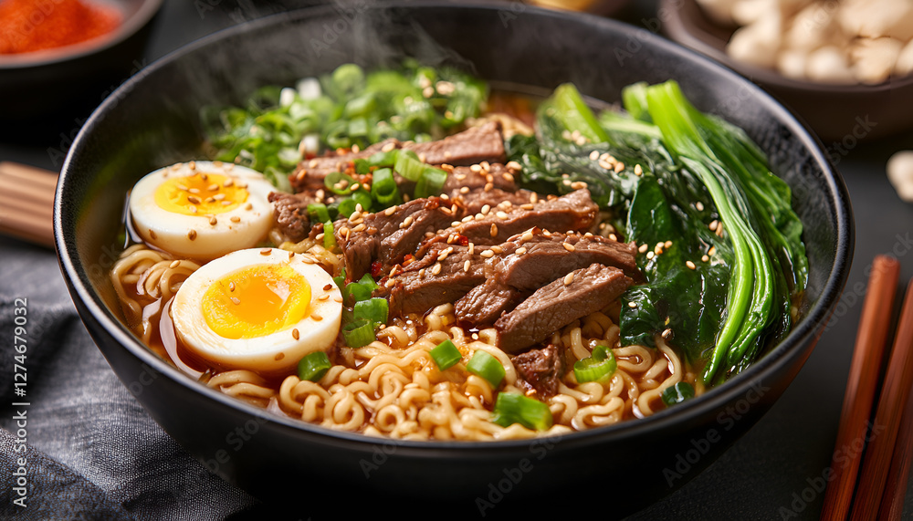 Fresh steaming beef ramen noodle soup serving with egg and pak choi, close up. Fresh steaming beef ramen noodle soup serving with egg and pak choi, close up.