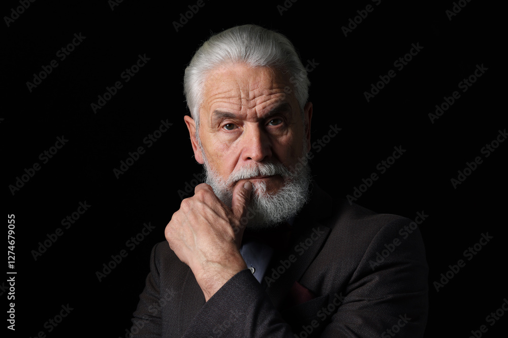 Portrait of serious senior man with silver beard on black background Portrait of serious senior man with silver beard on black background